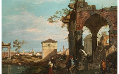 Giovanni Antonio Canal, genannt „Canaletto“, 1697 – 1768 Venedig, RUINENCAPRICCIO MIT RÖMISCH-ANTIKEN FIGUREN UND DENKMÄLERN SOWIE DER VEDUTE DER STADT PADUA