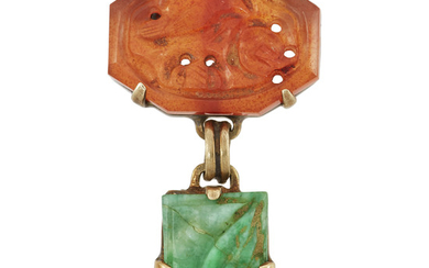 Gold, Carved Jade and Carved Carnelian Necklace and Pin