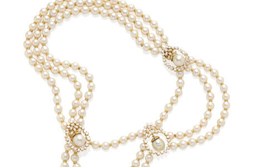 Gold, Cultured Pearl and Diamond Swag Necklace
