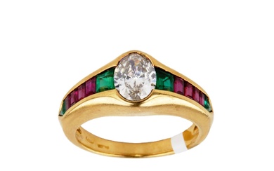 Gold ring, 18 carats with diamond, emeralds and rubies.