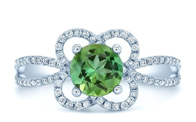 Green Tourmaline And Diamond Flower Basket Ring With Rounded Split Shank In 14k White Gold (6mm)