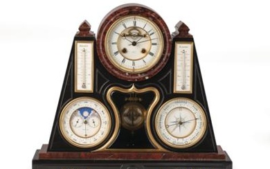 A Large Historicist Brocot Marble Mantel Clock with Perpetual Calendar and Weather Station