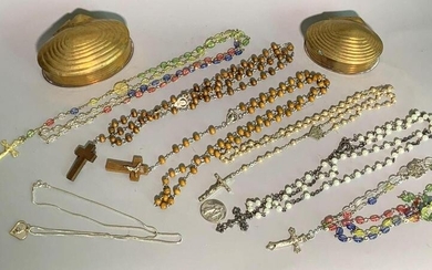 Group of religious rosaries and clam jewelry boxes