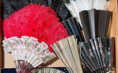 Group of vintage hand fans, some asian design, feathers and more