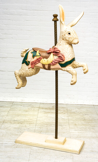 HAND CARVED AND PAINTED WOOD CAROUSEL RABBIT, 20TH C., H 61", W 11", L 30" (OVERALL)