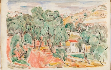 HANS PURRMANN(Spire 1880-1966 Bâle)Paysage méridional avec arbres et maisons.Aquarelle sur crayon sur papier.Signé en bas...