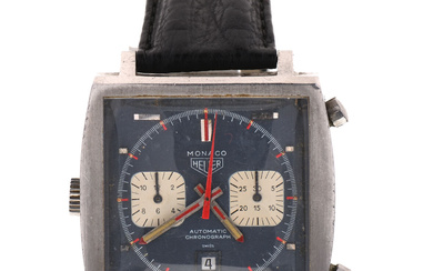 HEUER MONACO - MONTRE chronographe Steve Mcqueen années 1970, boitier en acier rectangulaire, cadran bleu...