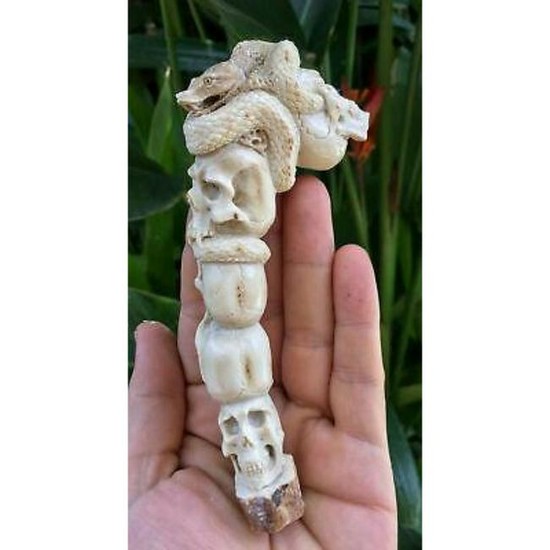 Hand-carved Antler Skeleton Skulls & Cobra Snake Cane