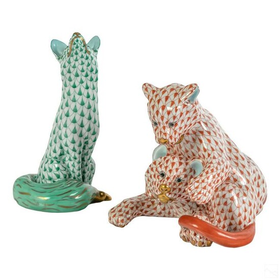 Herend Fishnet Porcelain Fox & Lion Cubs Figurines