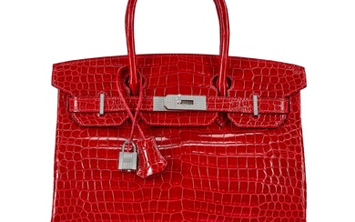 Hermès Rouge Braise Shiny Porosus Crocodile Birkin 30 18K White...