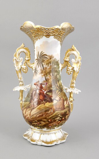 Historicism Vase, prob. Silesia, curved form, lateral handling with grapes, front polychrome painting with an Oriental on lion hunting, verso flower painting, gilding, H. 45 cm