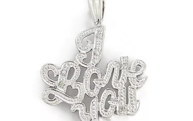 I LOVE YOU Diamond Necklace Pendant Charm 14K White Gold, 3.44 Grams