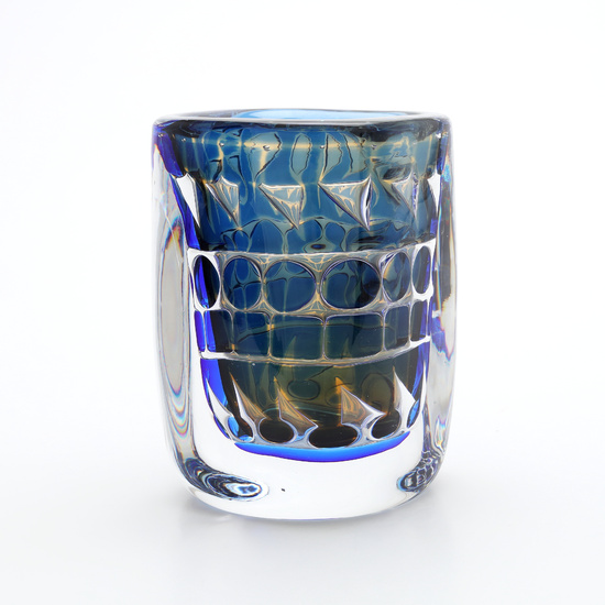 INGEBORG LUNDIN. Vase, glass, ariel, yellow-toned underframe, blue overhang, Orrefors, signed, designed1967.