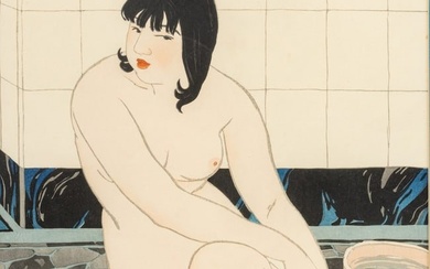 Ishikawa Toraji (Japanese, 1875-1964) Woodblock in Colors on Paper, 1934, "Yokushitsu Nite (At the