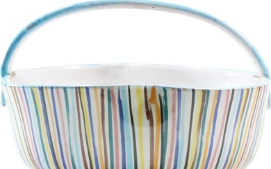 Italian Ceramic Rainbow Color Stripes Basket with Handle, Mid-Century Modern