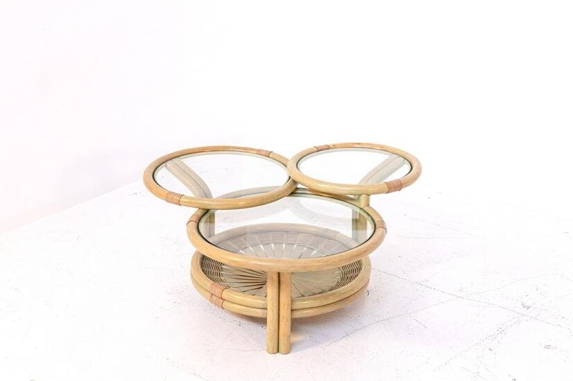 Italian Coffee Table in Rattan and Glass with Three