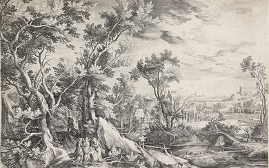 JAN VAN LONDERSEEL (AFTER HONDECOETER) Landscape with Abraham and the Three Angels. Etchin...