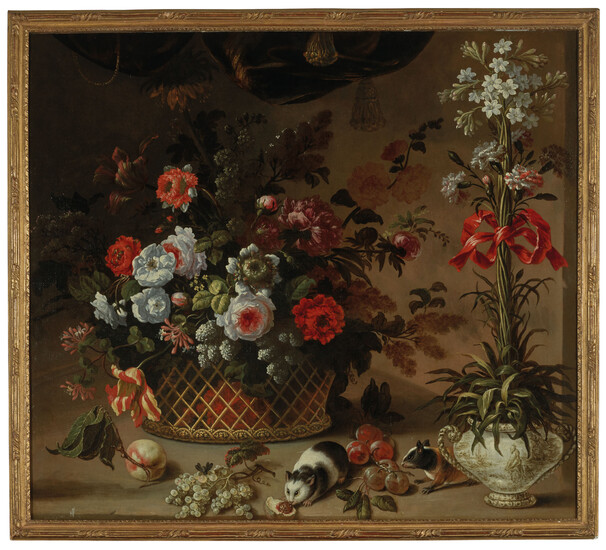JEAN-BAPTISTE BELIN DE FONTENAY, DIT BLAIN DE FONTENAY (1653-1715), Nature morte aux fleurs et cochons d'Inde sur un entablement