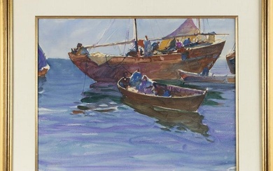 JOHN WHORF (Massachusetts, 1903-1959), “Boats at Sea”., Watercolor on paper, 20” x