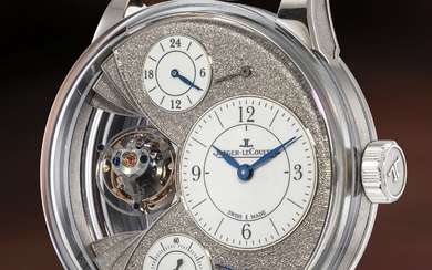 Jaeger-LeCoultre, An incredibly impressive white gold and sapphire 20-degree bi-axial tourbillon wristwatch with hand hammered and enamel grand feu dials, two power reserve indicators and dual time zone complication, number 3 of a limited edition of 3...