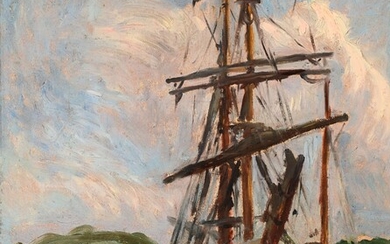 Jean FRELAUT (1879-1954) (attributed to) "Two masts at the quay" hsp 41.5x32.5