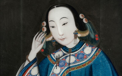 Jeune femme, peinture fixée sous verre, Chine, dynastie Qing, 59x39 cm (peinture)