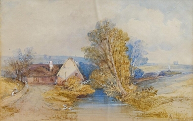 John Coulson Sammons, British 1818-c.1878- Cottage by a river; watercolour heightened with white, signed lower left and dated 1843, 17.5 x 25.5 cm