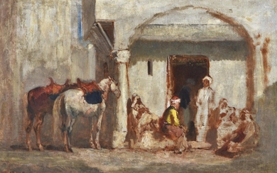 Jules Jacques Veyrassat (French 1828-1893), Horses and figures resting outside an inn, a study