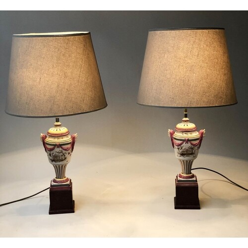 LAMPS, a pair, Dutch style tin glazed purple, yellow and gre...