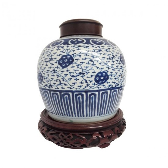 LG Chinese Antique Blue-White Ginger Jar W/Base W/Lid