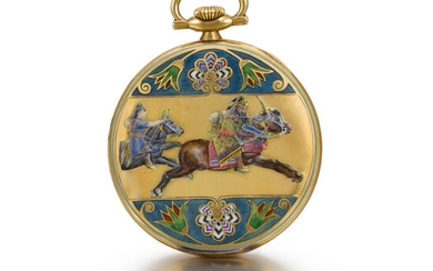 LONGINES | RETAILED BY TIFFANY & CO: A GOLD AND ENAMEL OPEN-FACED KEYLESS LEVER WATCH WITH MUGHAL ENAMEL BACK CIRCA 1910, NO. 4578498