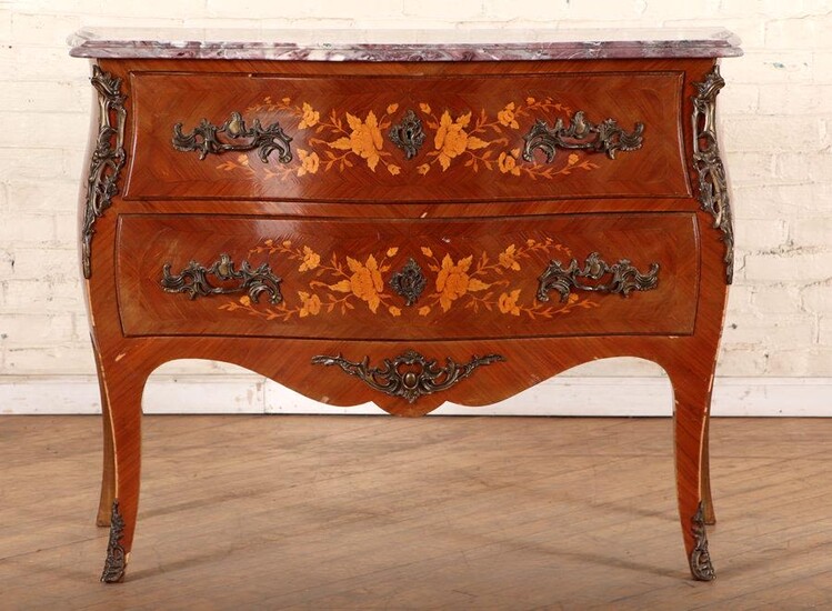 LOUIS XV STYLE INLAID MARBLE TOP COMMODE C.1940