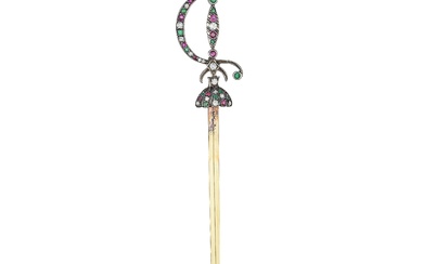 Large Antique Sword Pin with Emeralds Rubies and Diamonds, Circa 1890