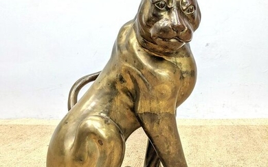 Large Brass Lioness Figural Floor Sculpture.