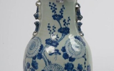 Large Chinese celadon porcelain vase with blue and white floral decoration. H.:+/-43,8cm.