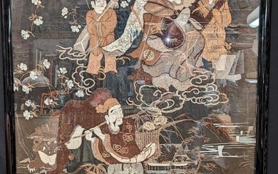 Large Framed Vintage Asian Silk Embroidery Artwork