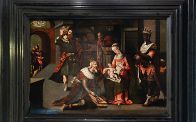 Large Oil on panel representing the Adoration of Kings, Italo-Flemish...