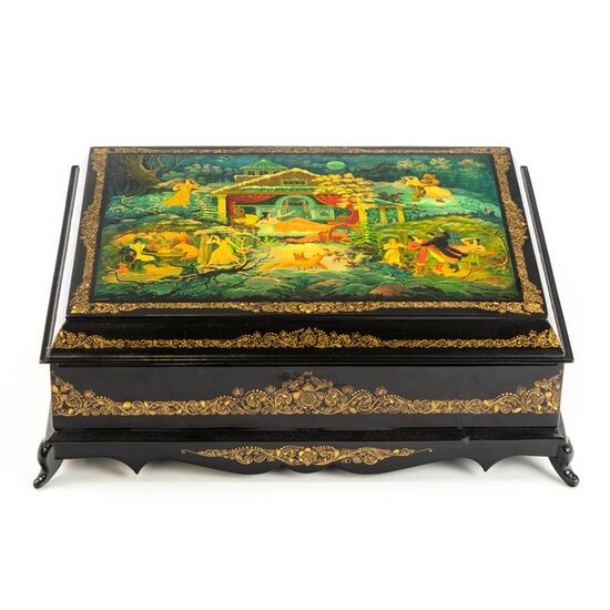 Large Russian Folk Art Lacquer Box Tea Caddy Box