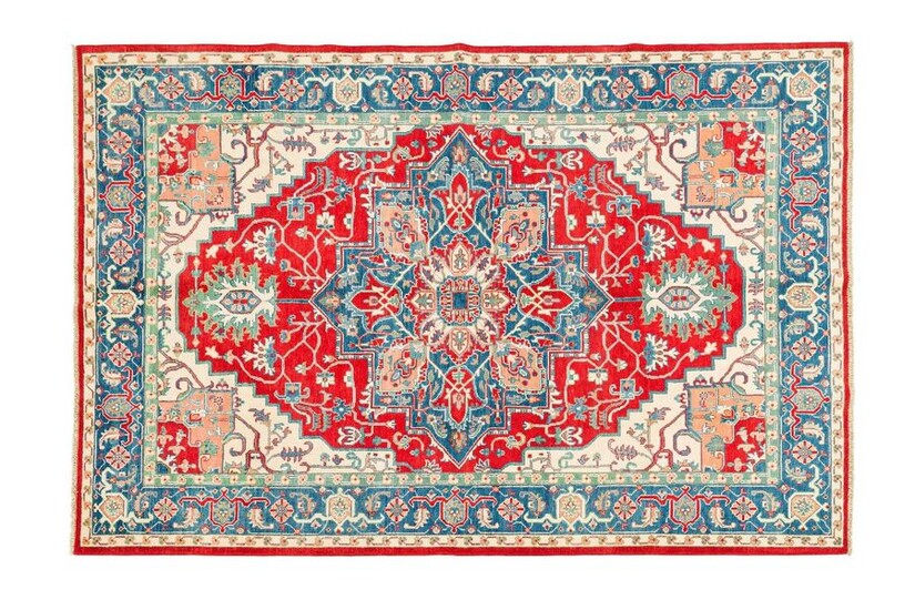 Large and original Kazak (South Caucasus) circa 1985 Dimensions. 297 x 206 cm Technical specifications. Woollen velvet on cotton foundations Ruby field with geometric polychrome floral polychrome decoration decorated with a large central medallion...