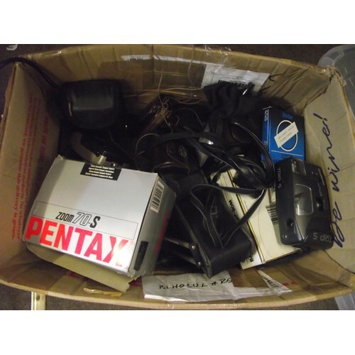 Large box of cameras, light meters, filters, flashguns ect.