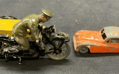 Lot 2 Vtg Enameled Metal Toy Car/Motorcycle