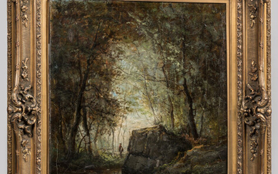 Lot 68 Théodore LEVIGNE (1848-1912). Pêcheur en sous-bois. Huile sur toile. Traces de signature en bas à droite. 60 x 49...