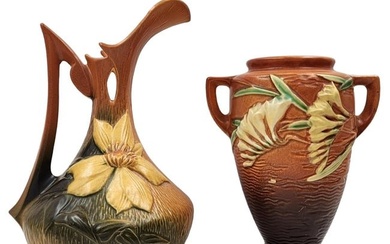 Lot Of 2 Antique Roseville Pottery Pitcher 1940's & Footed Vase
