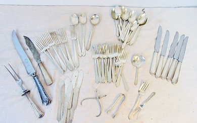 Lot sterling flatware, partial set, forks, desert spoons, tongs, butter knives, 47.5 troy plus