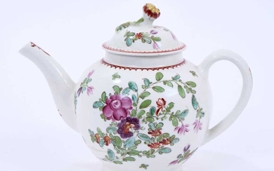 Lowestoft teapot and cover, of globular form with a flower finial and curved spout, painted in Curtis style with flowers within a red line and loop border, 14cm high