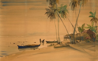 Luc-Marie BAYLE(1914-2000) Plage à Tahiti Aquarelle signée en bas à droite. 49 x 73 cm...