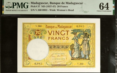 MADAGASCAR. Banque de Madagascar. 20 Francs, ND (1937-47). P-37. PMG Choice Uncirculated 64.