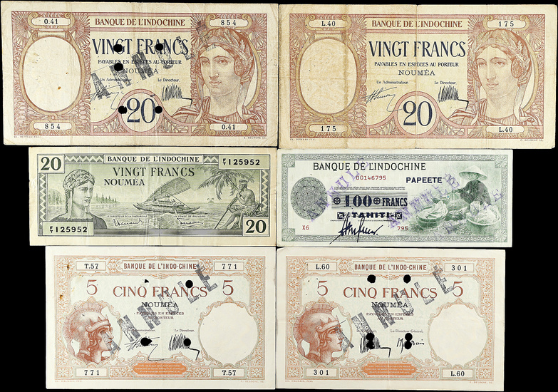MIXED LOTS. Lot of (6). Banque de l'Indochine. 5, 20, & 100 Francs, ND (1926-44). P-17b, 36a(1), 36b(1), 37a, & 49. Fine to Very Fine.