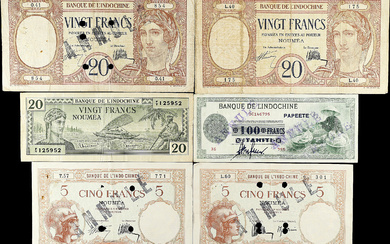 MIXED LOTS. Lot of (6). Banque de l'Indochine. 5, 20, & 100 Francs, ND (1926-44). P-17b, 36a(1), 36b(1), 37a, & 49. Fine to Very Fine.