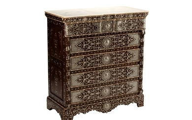 MOORISH MOTHER OF PEARL INLAID & MARBLE TOP CHEST OF
